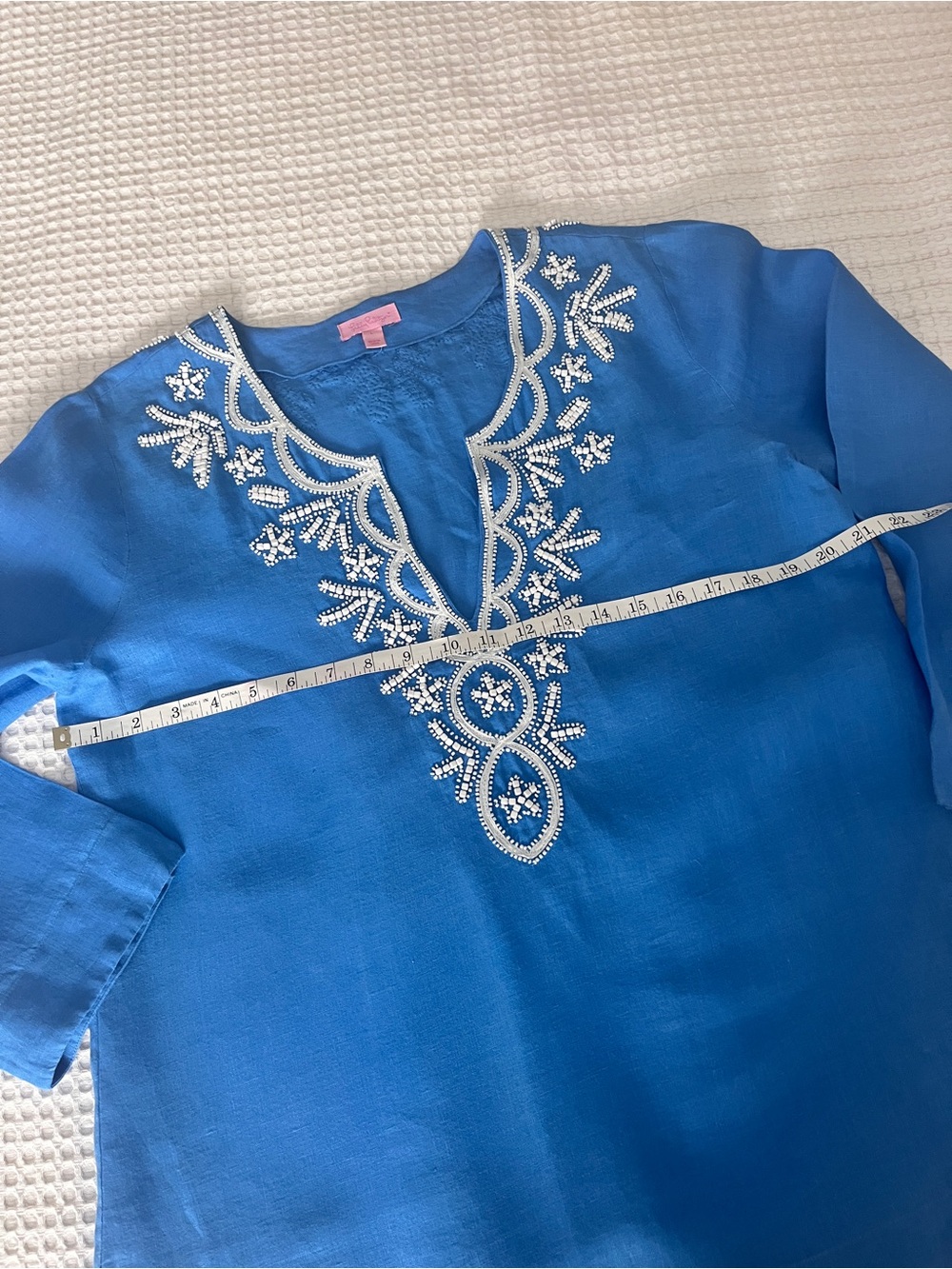 MINT Lilly Pulitzer Amelia Island Women LINEN TUNIC Top BEADED Resort LARGE - Picture 7 of 10